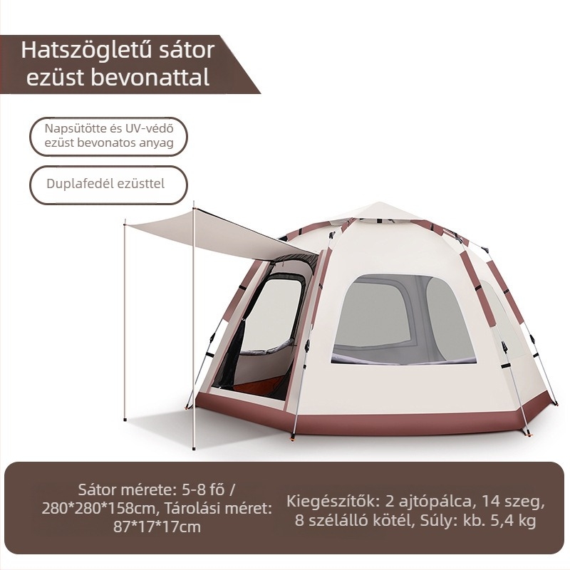 Kültéri sátor — egyrészes kivitel, automatikus gyors nyitás, négy évszakos, 5,4 kg, üvegszálas rudak (külső vízálló 2000–3000 mm)