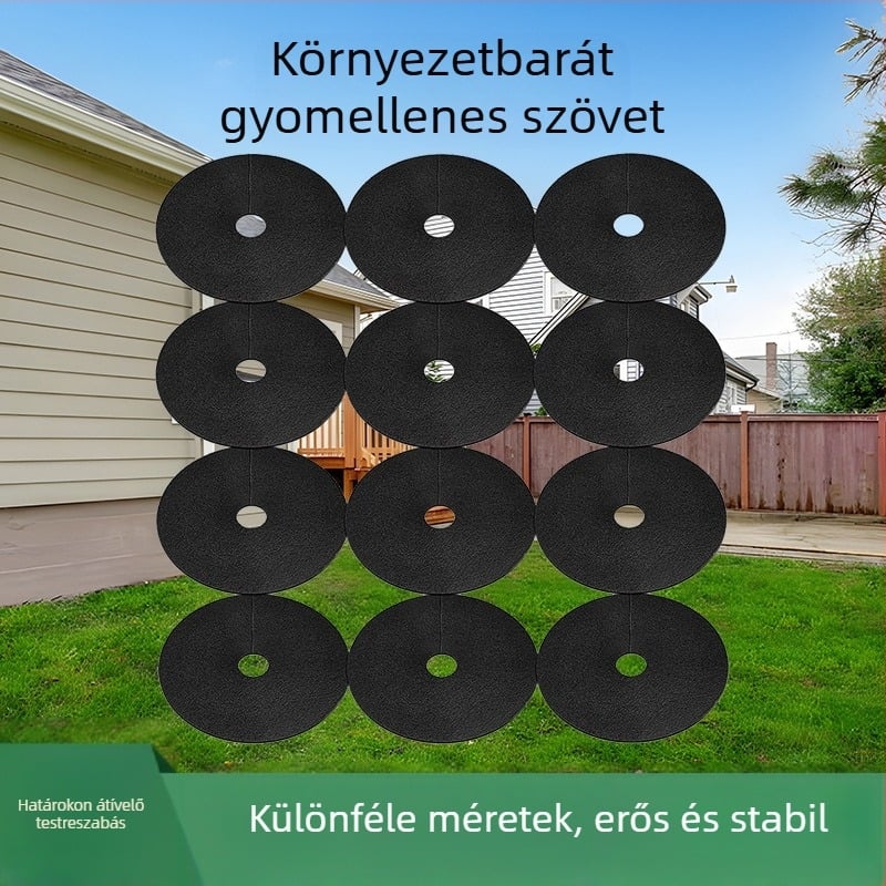 Körkörös nemszőtt gyomvédő szövet – kerti gyommentesítő textil, használat: növények körüli gyomok elleni védelem, belső/külső átmérő személyre szabható, élettartam 5–8 év