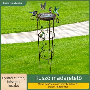Vasból készült kúszónövény-állvány madáretetővel, ernyő alakú forma, vidéki stílus, félig manuális gyártás