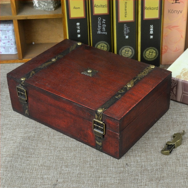 Asztali tároló zárható, antik stílusú fa doboz – rétegelt fa kivitel, fedéllel; ideális írószerek és egyéb apró Kellékek számára; modell 174190141
