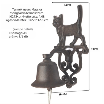 Antik öntöttvas kézi hajtású szélcsengő, kert- és faldekoráció