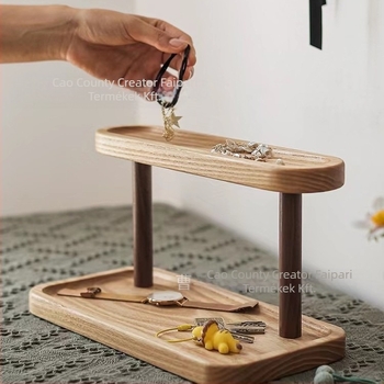 Masszív faasztali tároló — két szintes, többfunkciós rendező kozmetikumokhoz, parfümhöz és ékszerekhez | Modern minimalista stílus