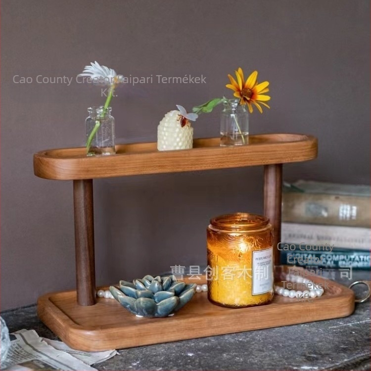 Masszív faasztali tároló — két szintes, többfunkciós rendező kozmetikumokhoz, parfümhöz és ékszerekhez | Modern minimalista stílus