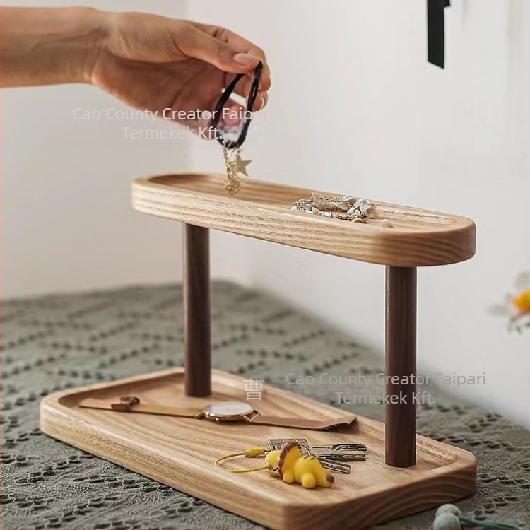 Masszív faasztali tároló — két szintes, többfunkciós rendező kozmetikumokhoz, parfümhöz és ékszerekhez | Modern minimalista stílus