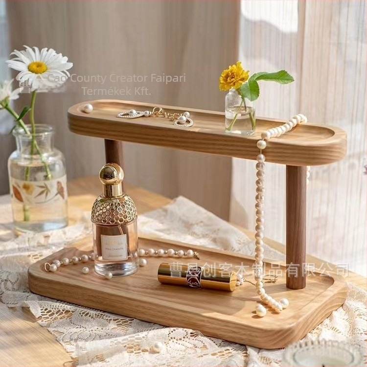 Masszív faasztali tároló — két szintes, többfunkciós rendező kozmetikumokhoz, parfümhöz és ékszerekhez | Modern minimalista stílus
