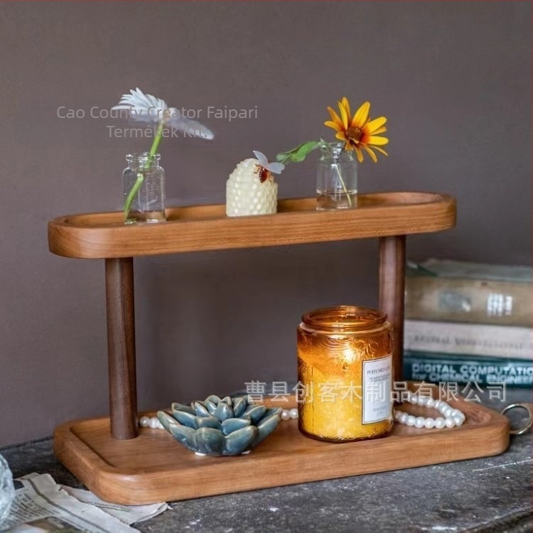 Masszív faasztali tároló — két szintes, többfunkciós rendező kozmetikumokhoz, parfümhöz és ékszerekhez | Modern minimalista stílus