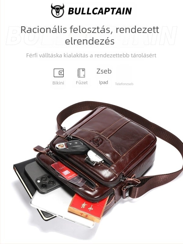 Férfi válltáska természetes bőrből, első réteg bőr, nagy kapacitás, 8 hüvelykes tabletnek alkalmas, vízálló