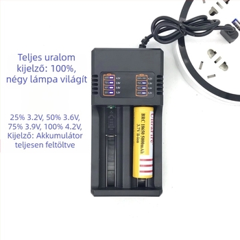 Kettős slotos USB töltő 18650/26650 Li-ion akkumulátorokhoz intelligens gyors töltéssel, 4.2V 2A, AC bemenet 110-240V, CE