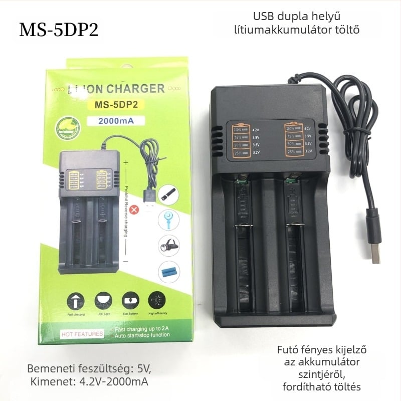 Kettős slotos USB töltő 18650/26650 Li-ion akkumulátorokhoz intelligens gyors töltéssel, 4.2V 2A, AC bemenet 110-240V, CE