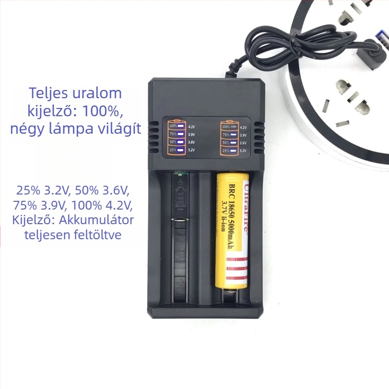 Kettős slotos USB töltő 18650/26650 Li-ion akkumulátorokhoz intelligens gyors töltéssel, 4.2V 2A, AC bemenet 110-240V, CE
