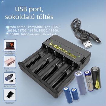 USB Li-ion akkumulátortöltő négy rekesszel — intelligens gyors töltés, Type-C interfész, bemenet 5V, kimenet 4.2V/2A, támogatott cellák: 18650, 26650, 21700, 14500, 16340, 18500, 18350, 16650.