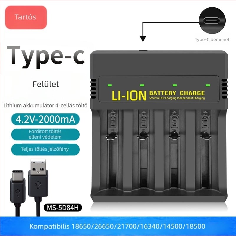 USB Li-ion akkumulátortöltő négy rekesszel — intelligens gyors töltés, Type-C interfész, bemenet 5V, kimenet 4.2V/2A, támogatott cellák: 18650, 26650, 21700, 14500, 16340, 18500, 18350, 16650.