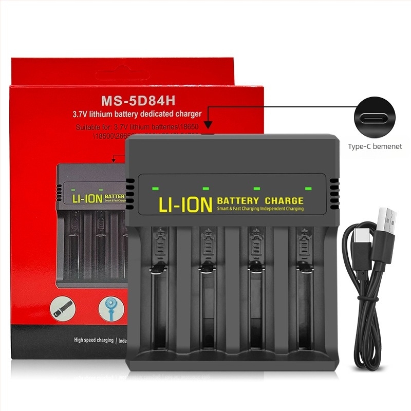 USB Li-ion akkumulátortöltő négy rekesszel — intelligens gyors töltés, Type-C interfész, bemenet 5V, kimenet 4.2V/2A, támogatott cellák: 18650, 26650, 21700, 14500, 16340, 18500, 18350, 16650.