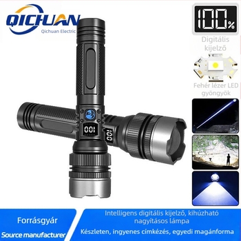 LED zseblámpa, 10W, 1800 mAh újratölthető akkumulátor, vízálló, digitális kijelző, optikai zoom