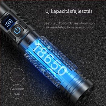 LED zseblámpa, 10W, 1800 mAh újratölthető akkumulátor, vízálló, digitális kijelző, optikai zoom