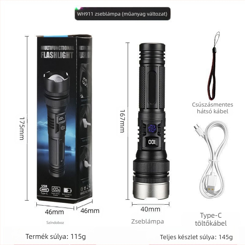 LED zseblámpa, 10W, 1800 mAh újratölthető akkumulátor, vízálló, digitális kijelző, optikai zoom