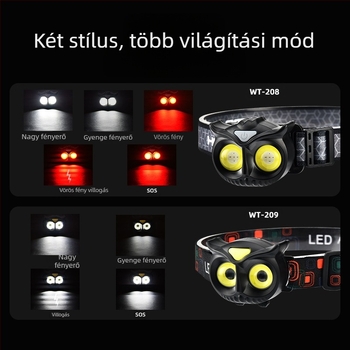 LED fej fény, 10W, 1200mAh akkumulátor, kézi hajtású töltés, hatótáv 100–200 m