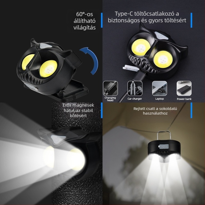 LED fej fény, 10W, 1200mAh akkumulátor, kézi hajtású töltés, hatótáv 100–200 m