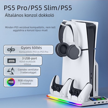 PS5 hűtőállvány RGB világítással, USB-C interfésszel, dokkoló töltő a kontrollerhez, fejhallgató-tartó, kompatibilis PS5, PS5 Slim, PS5 Pro