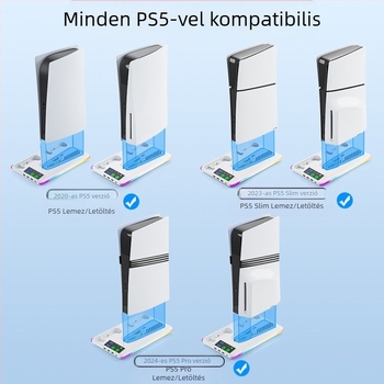 PS5 hűtőállvány RGB világítással, USB-C interfésszel, dokkoló töltő a kontrollerhez, fejhallgató-tartó, kompatibilis PS5, PS5 Slim, PS5 Pro