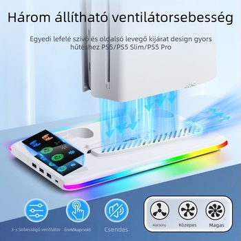 PS5 hűtőállvány RGB világítással, USB-C interfésszel, dokkoló töltő a kontrollerhez, fejhallgató-tartó, kompatibilis PS5, PS5 Slim, PS5 Pro