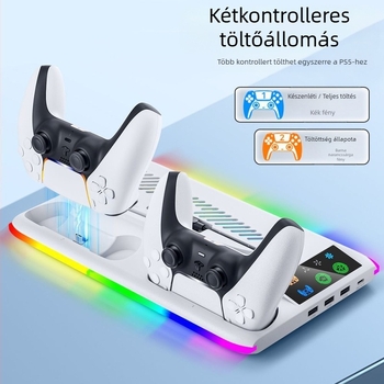 PS5 hűtőállvány RGB világítással, USB-C interfésszel, dokkoló töltő a kontrollerhez, fejhallgató-tartó, kompatibilis PS5, PS5 Slim, PS5 Pro