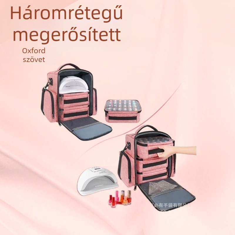 Háromrétegű körömlakk-tároló táska görgőkkel, elfér akár 70 üveg, Oxford anyagból, vízálló.