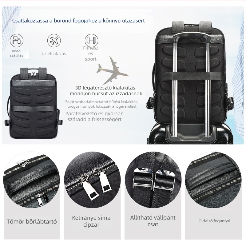 Üzleti hátizsák valódi bőrből, 20–35 L kapacitás, kompatibil 15 hüvelykes laptophoz, vízálló, első réteg marhabőrből