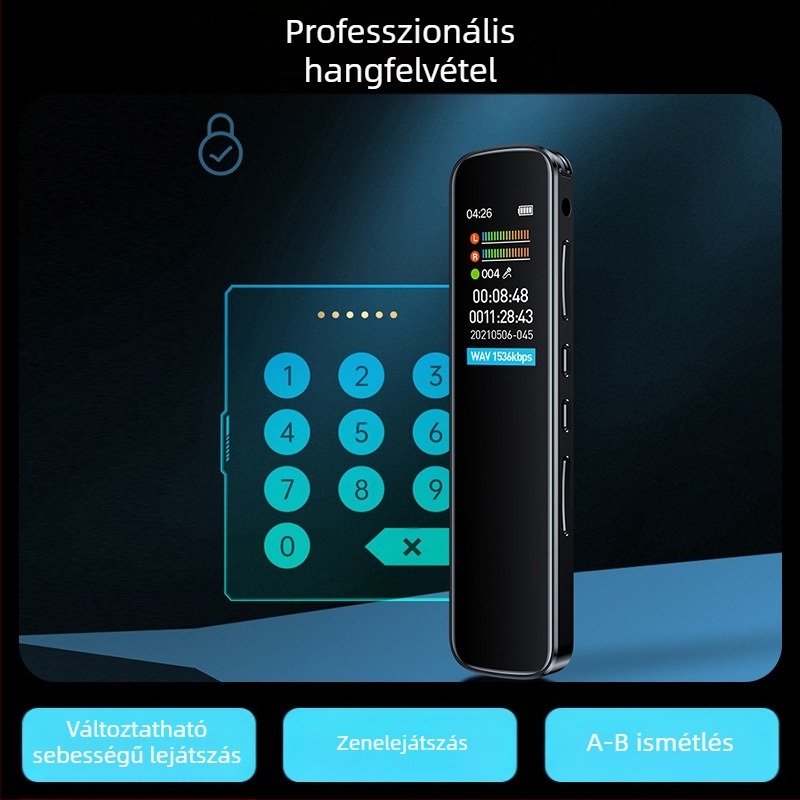 RV19 Zajcsökkentő Hangrögzítő, hordozható, kb. 30 óra felvétel, MP3/WAV formátum, TF-kártya, 2 mikrofon