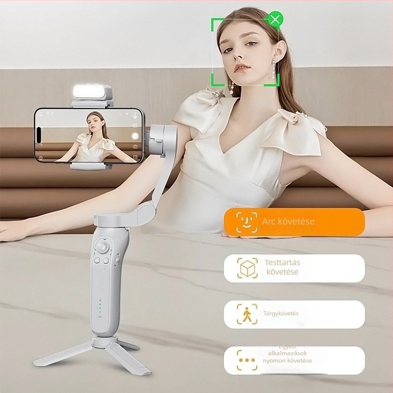 3-tengelyes okostelefon-stabilizátor intelligens arckövetéssel, könnyű kézi stabilizálás, ABS+PC ház, Android/iOS kompatibilis, 340° vízszintes forgás, 160° függőleges forgás, tömege 348 g