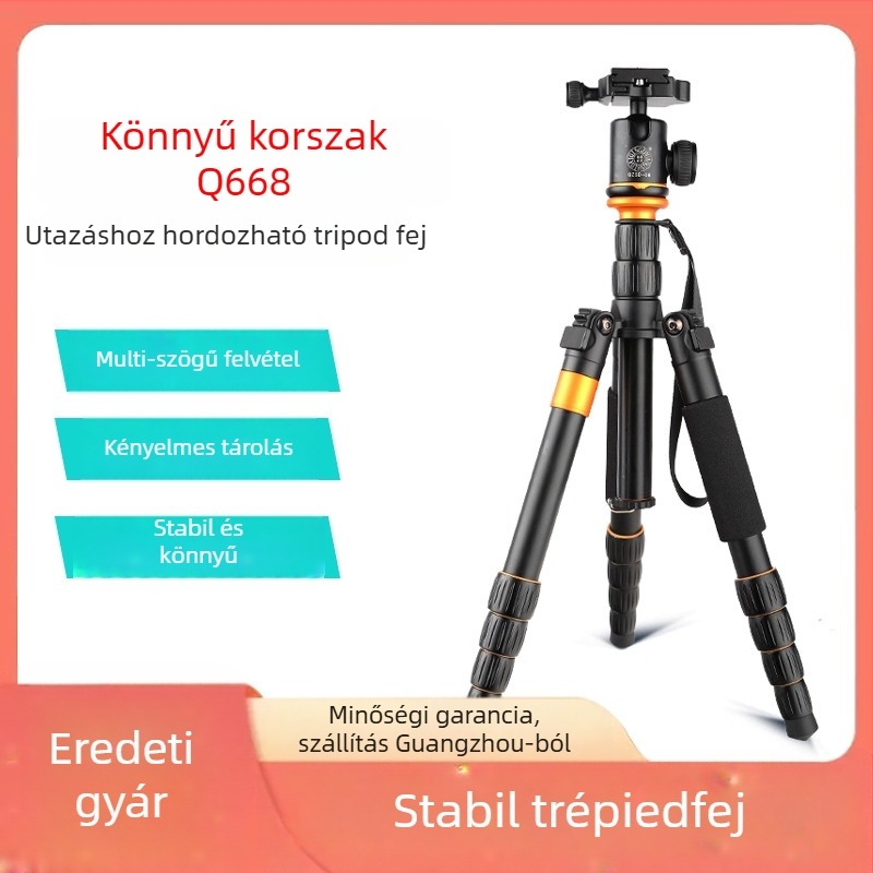 DSLR és tükör nélküli kamerákhoz készült háromlábú állvány, alumíniumötvözet, Q668 modell, max terhelhetőség 8 kg, súly 1,59 kg