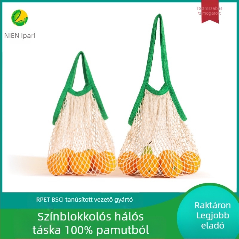 Pamut hálós bevásárló táska, többször használható, alj és oldalak nélkül, szitanyomásos nyomtatás, súly 70 g