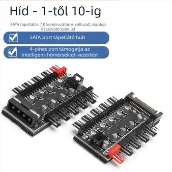 Ventilátor hub 10-csatornás intelligens hőmérséklet-szabályozóval, 4-pin PWM, SATA tápegység bemenet, OEM-kompatibilis