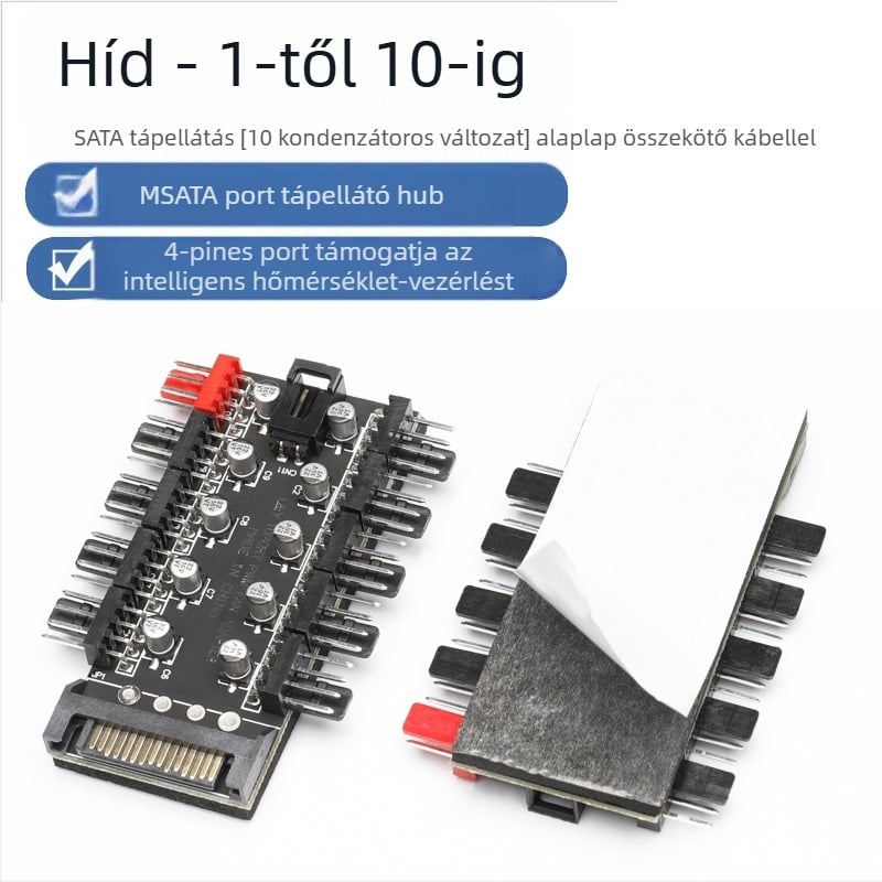 Ventilátor hub 10-csatornás intelligens hőmérséklet-szabályozóval, 4-pin PWM, SATA tápegység bemenet, OEM-kompatibilis