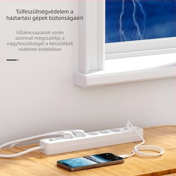 PD20 hosszú elosztó, 16A, európai szabvány, kettős kapcsolóval és német aljzattal, USB-port, túlterhelés elleni védelem, 5V/3A