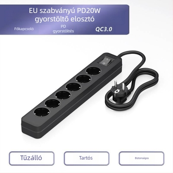 PD20 hosszú elosztó, 16A, európai szabvány, kettős kapcsolóval és német aljzattal, USB-port, túlterhelés elleni védelem, 5V/3A