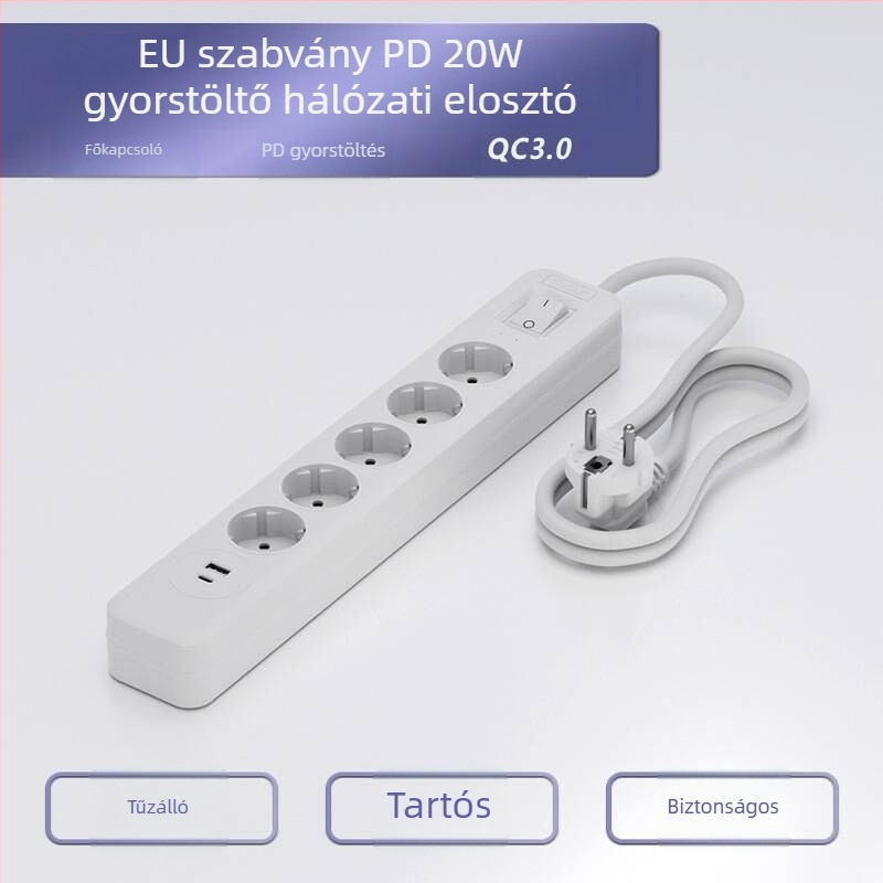 PD20 hosszú elosztó, 16A, európai szabvány, kettős kapcsolóval és német aljzattal, USB-port, túlterhelés elleni védelem, 5V/3A