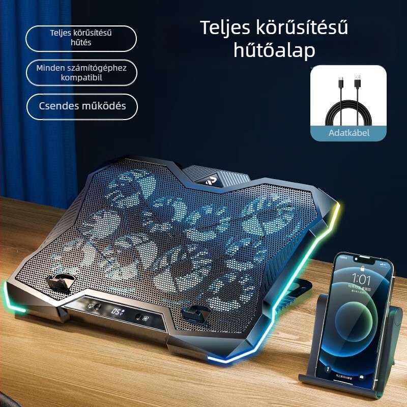 Notebook hűtő 10 ventilátorral, levegő hűtés, ABS + acél háló, 1,4 kg