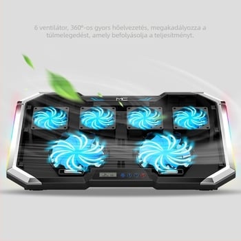 Notebook hűtőalap 6 ventilátorral, fémszerkezettel, ultra-csendes működés, kompatibilis notebookokkal, ultrabookokkal és Playbookokkal.