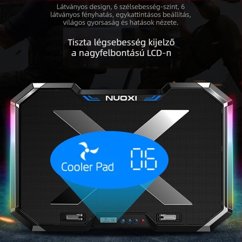 Notebook hűtőalap 6 ventilátorral, fémszerkezettel, ultra-csendes működés, kompatibilis notebookokkal, ultrabookokkal és Playbookokkal.