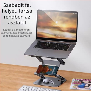 Háromszintű magasságállító laptoptartó, szénacél anyagból, asztali emelő kivitel, kompatibilis 15,6 hüvelykes laptopokkal, tömege 1,5 kg