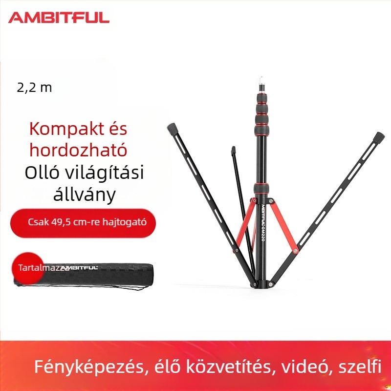 GM220 professzionális fotózás világítása állvány, alumínium ötvözet, magasság 49.5–220 cm, teher 2.5 kg, 5 szakaszos, csőátmérő 1.3/1.6/1.9/2.2/2.5 cm