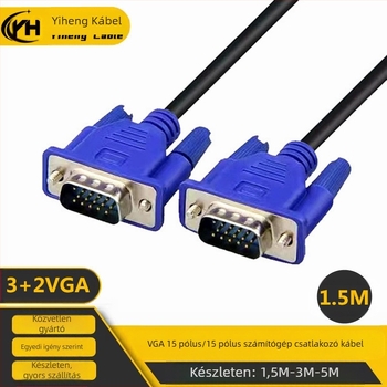 VGA-kábel, 15-pontos csatlakozó, 1,5 m hosszú, rézbevonatú acél vezető