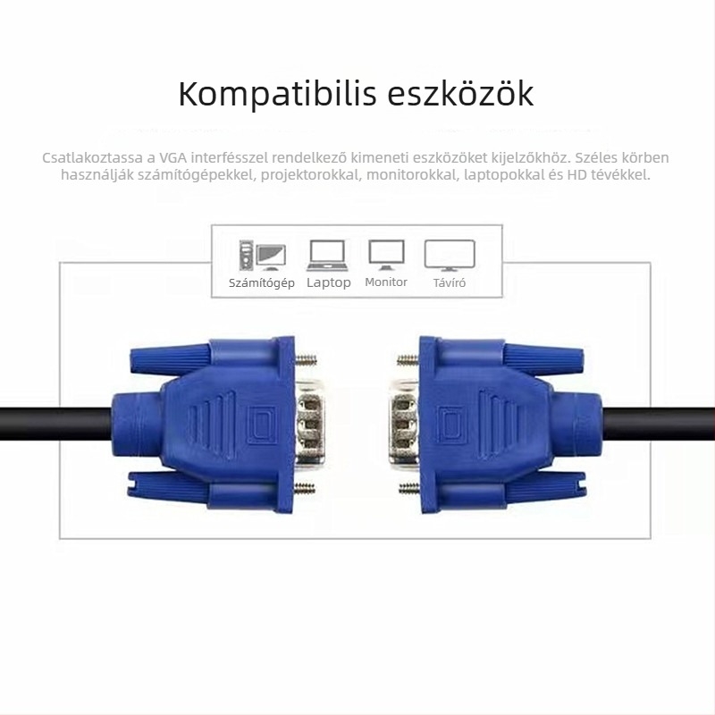 VGA-kábel, 15-pontos csatlakozó, 1,5 m hosszú, rézbevonatú acél vezető