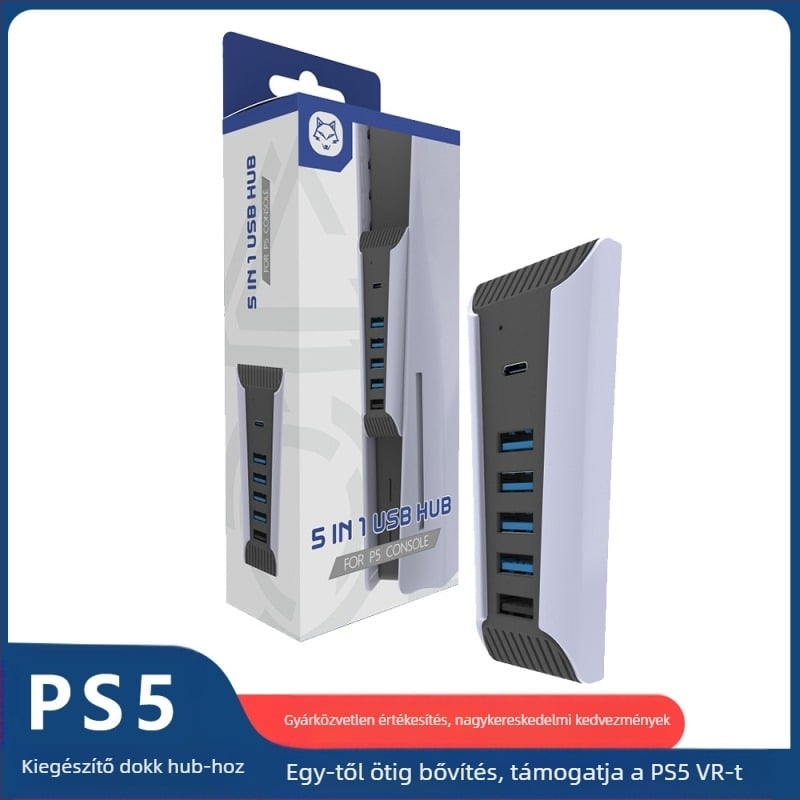 PS5 USB hub bővítő négy USB 2.0 porttal, egy USB 3.0 porttal és egy USB‑C porttal; külső tápellátás nélkül; súly 52,3 g