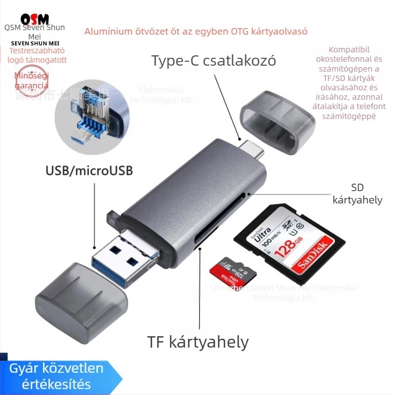 Öt az egyben OTG kártyaolvasó, alumínium ötvözet, SD/TF támogatás, USB 2.0 Type-C/Mikro, 15 g