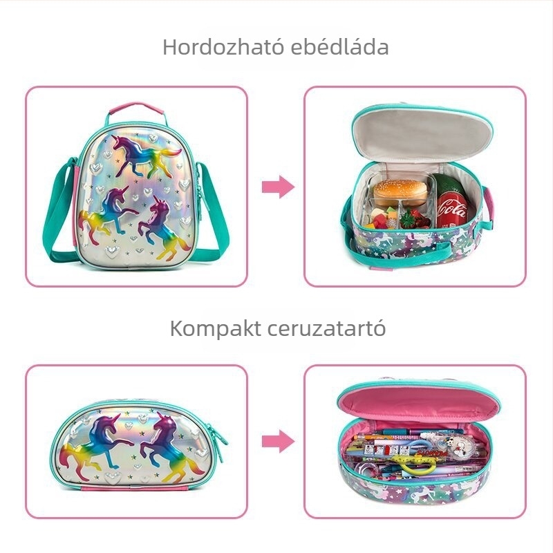 Háromrészes unicornos gurulós hátizsák általános iskolás lányoknak – EVA anyag, légáteresztő, terheléscsökkentő, állatmintás, egyirányú kerekek