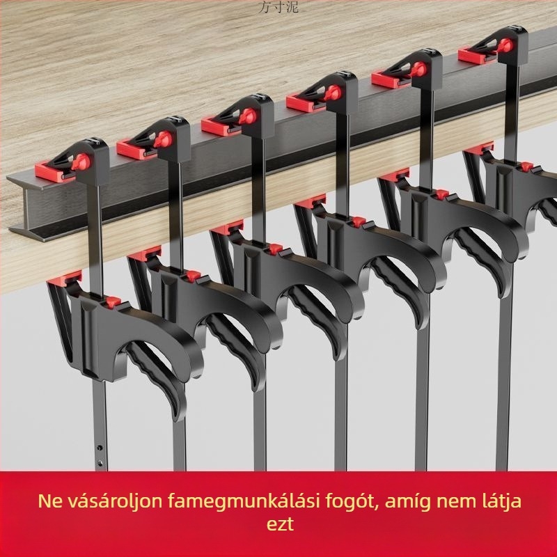 F-típusú asztalos szorító, vastagított kivitel fa lemezekhez, derékszögű, két darabos készlet