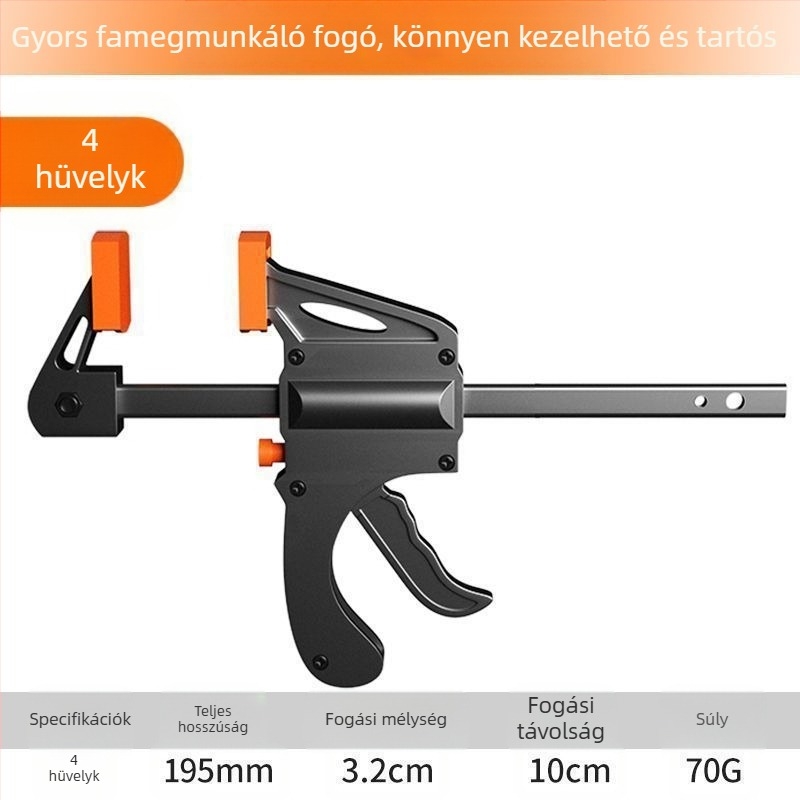 F-típusú asztalos szorító, vastagított kivitel fa lemezekhez, derékszögű, két darabos készlet