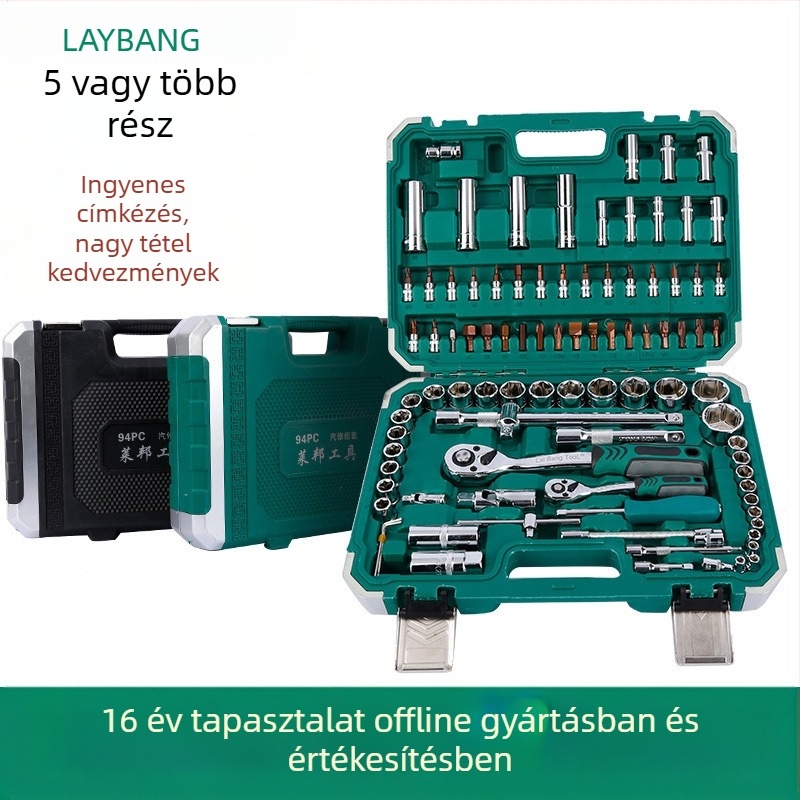 94 darabos autójavító készlet: dugókulcs és kulcskészlet, króm-vanádium acél, metrikus szabvány, 6.4 kg